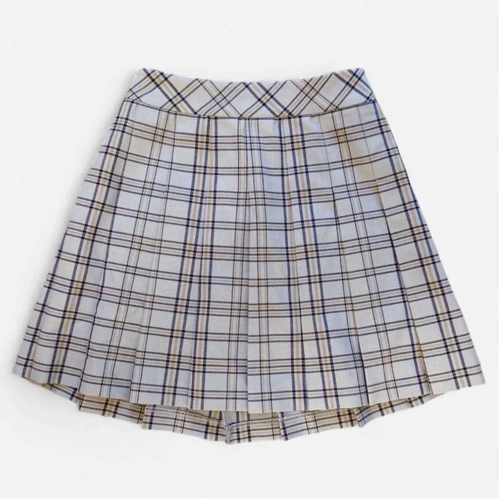 SUNDAY BEST Aritzia Olive Plaid Pleated Mini Skirt Sz 0 Blue